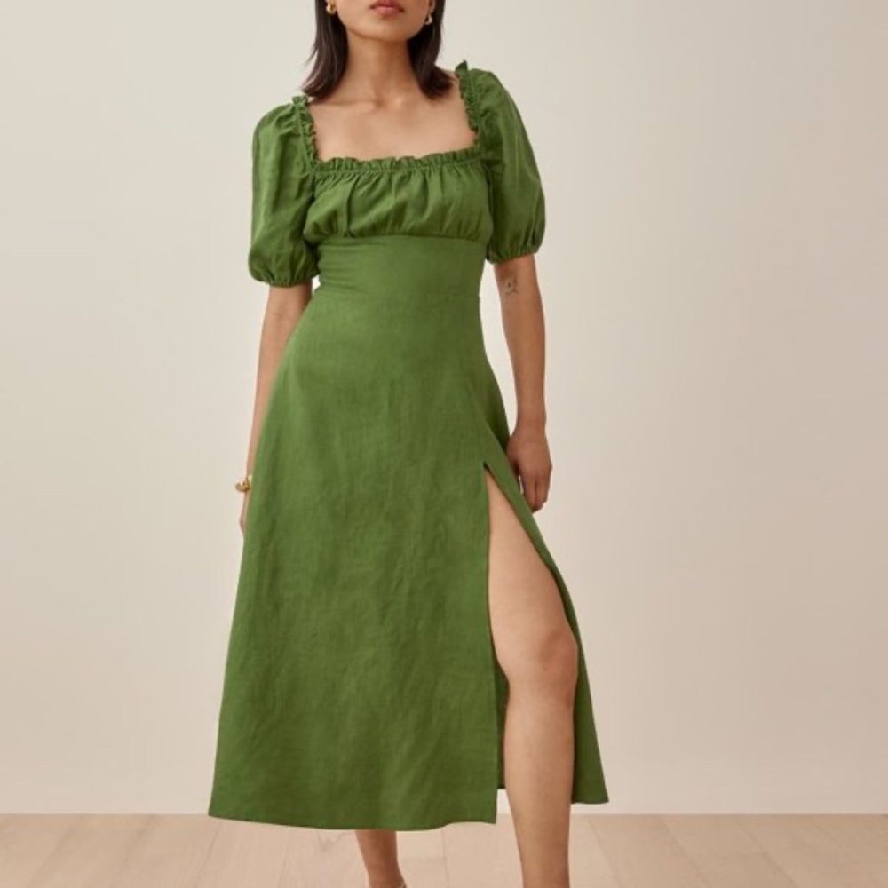 NWT Reformation Jacqueline Linen Puff Sleeve Midi Dress in Moss Green Size 8